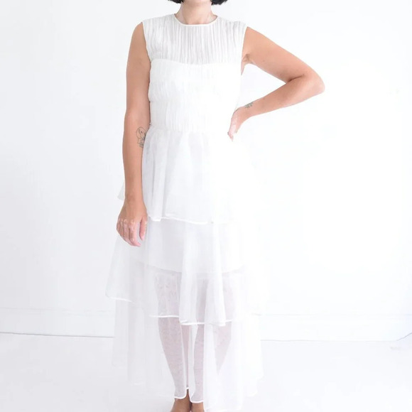 Jonathan Simkhai White Benton Tulle Plisse Midi Tulle Plisse Dress 4 - Picture 2 of 12